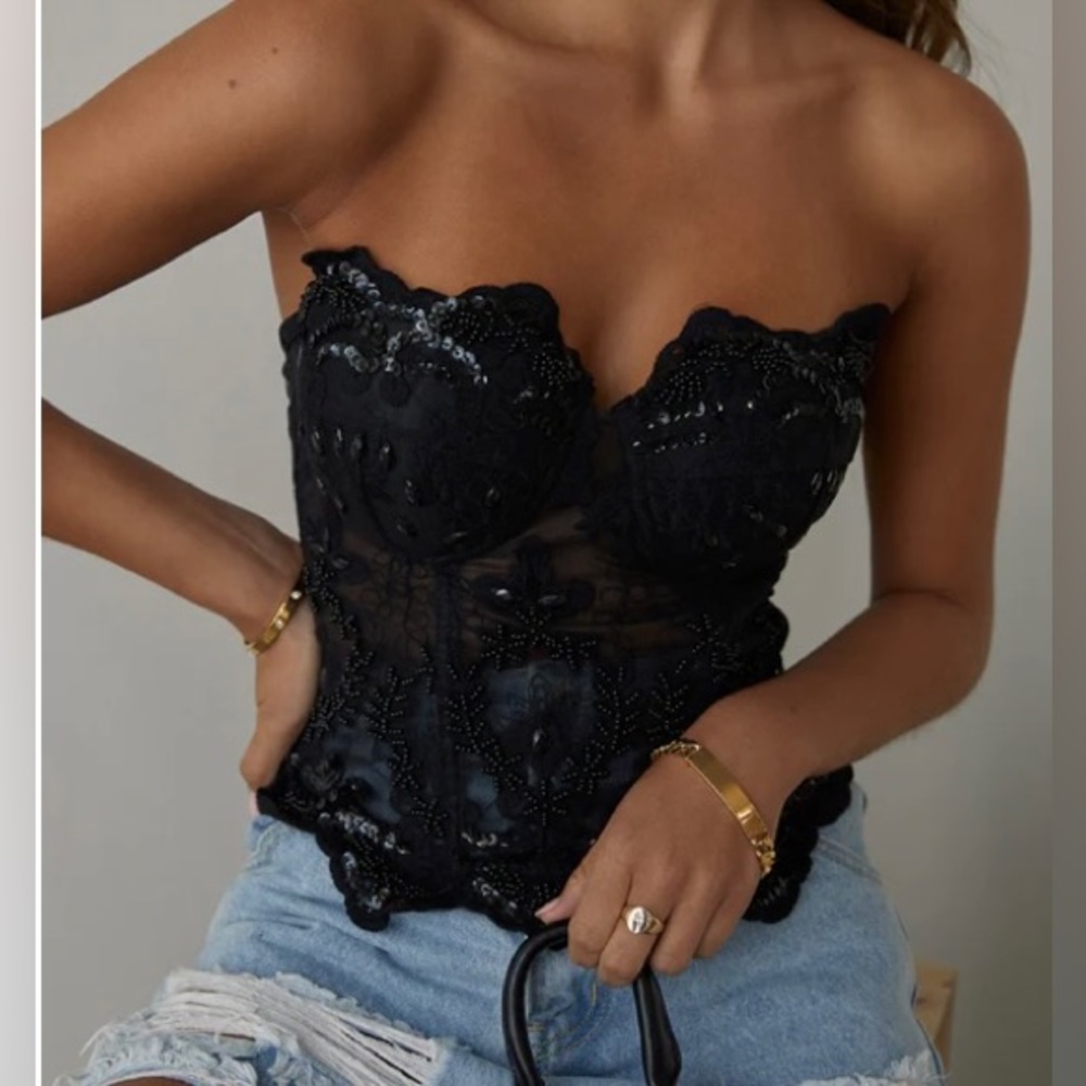 Black beaded strapless corset